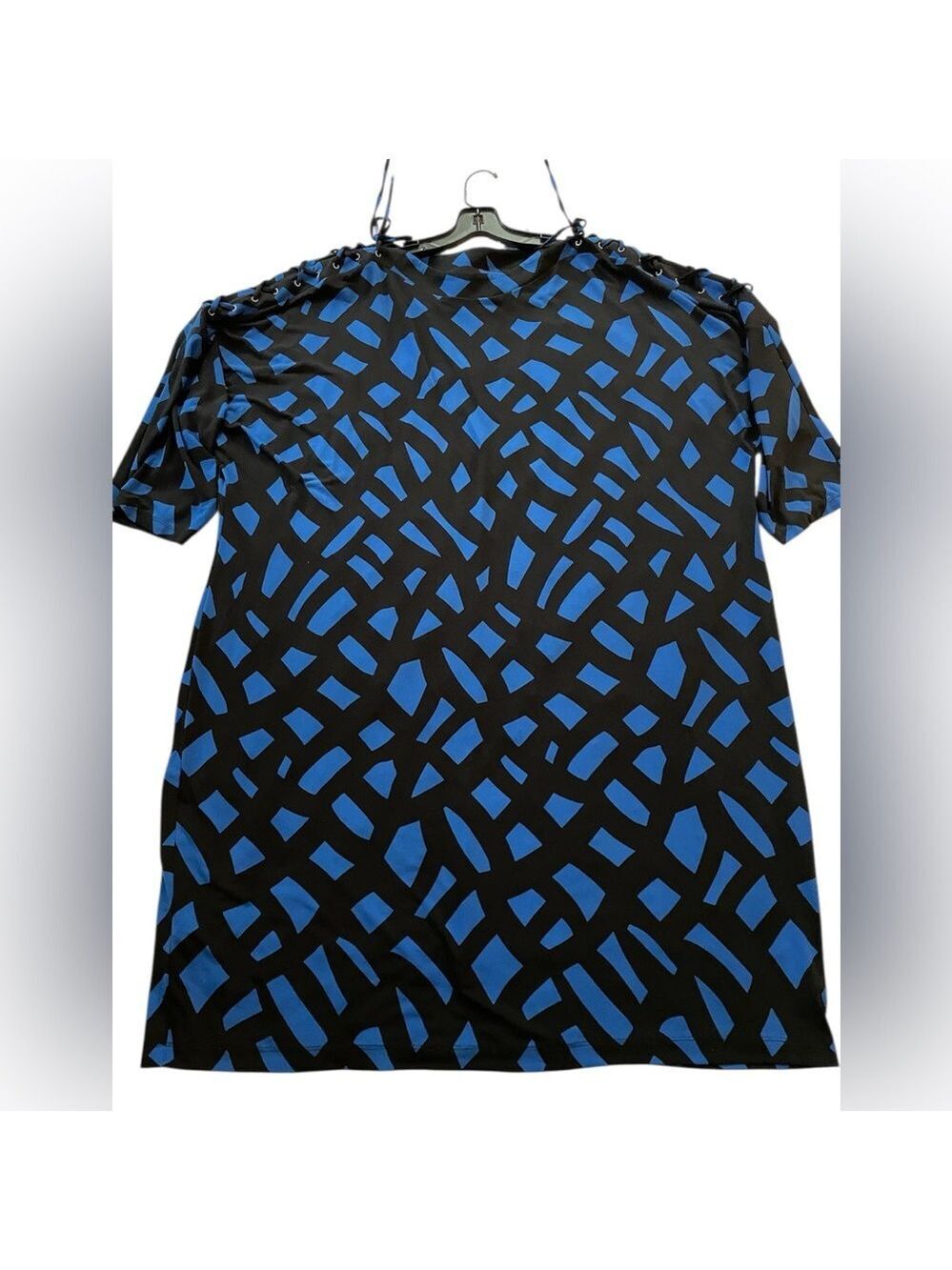 Calvin Klein Black Blue Abstract Print Shift Dress Long Sleeve - Picture 3 of 10